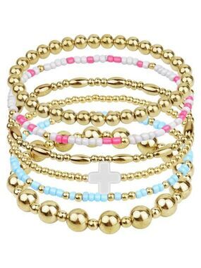 Gold beaded bracelet set 14k plated dainty cross stack stretch layered jewelry g
